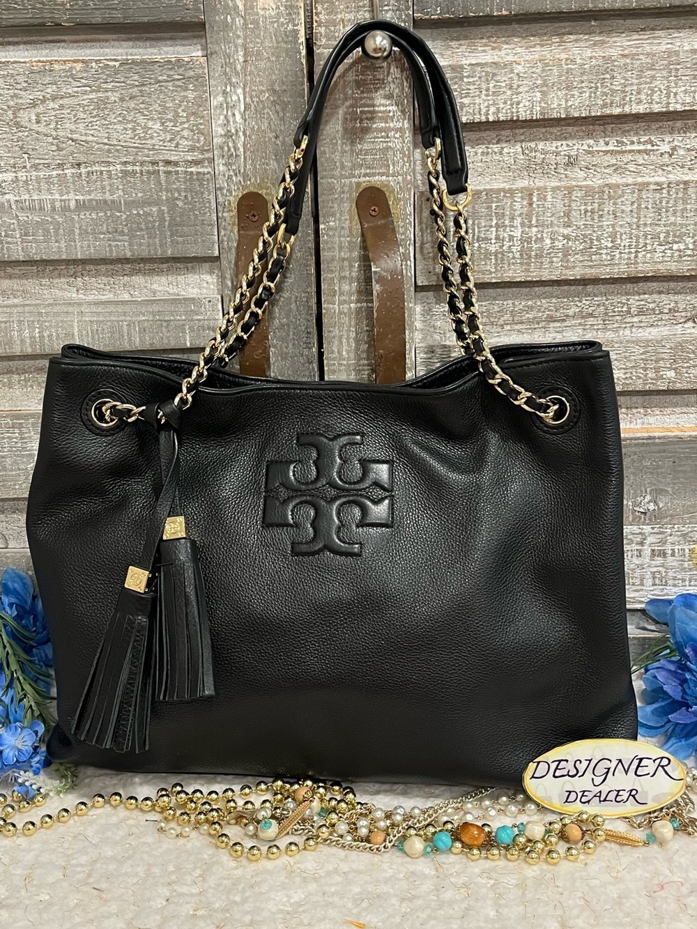 TORY BURCH Thea Black Leather Chain Tote EUC!